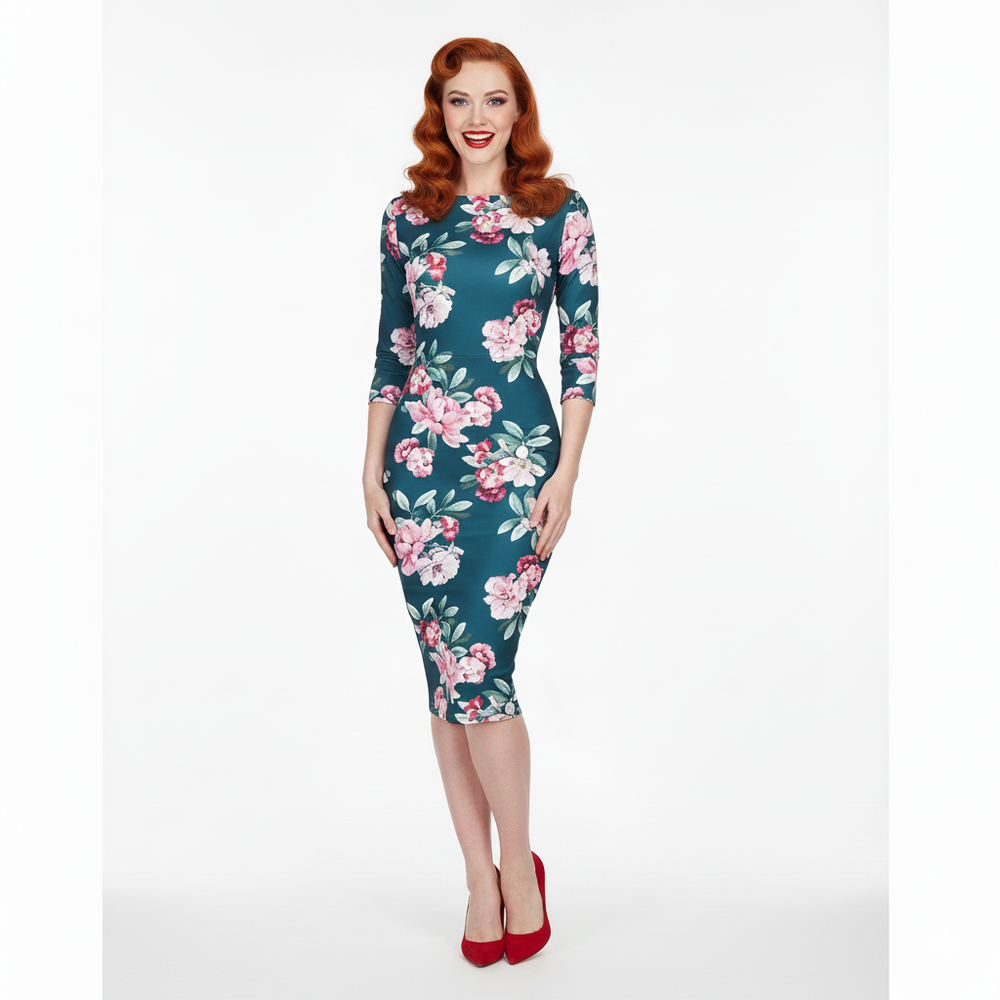 Teal Green and Pink Floral 3/4 Sleeve Bodycon Pencil Wiggle Dress