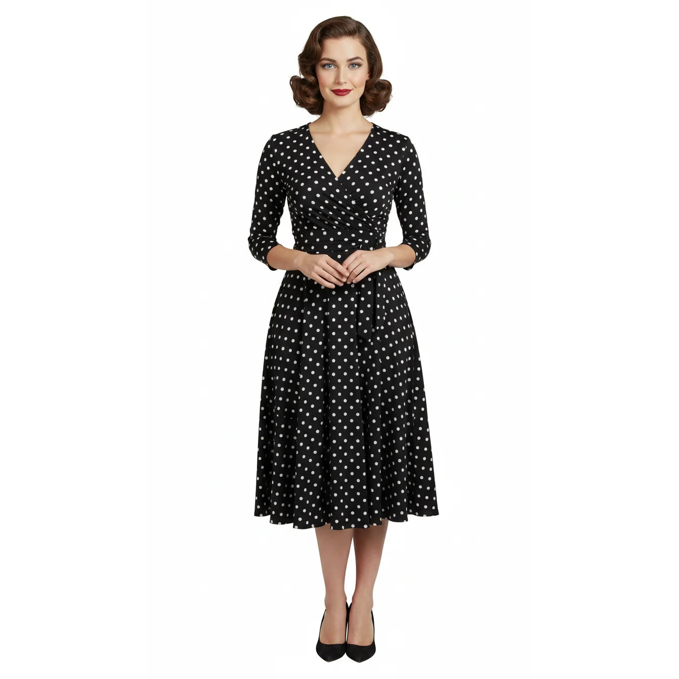 knee length dresses for ladies Tia White & Black Polka Dot Midi Dress – Get That Trend main image 0