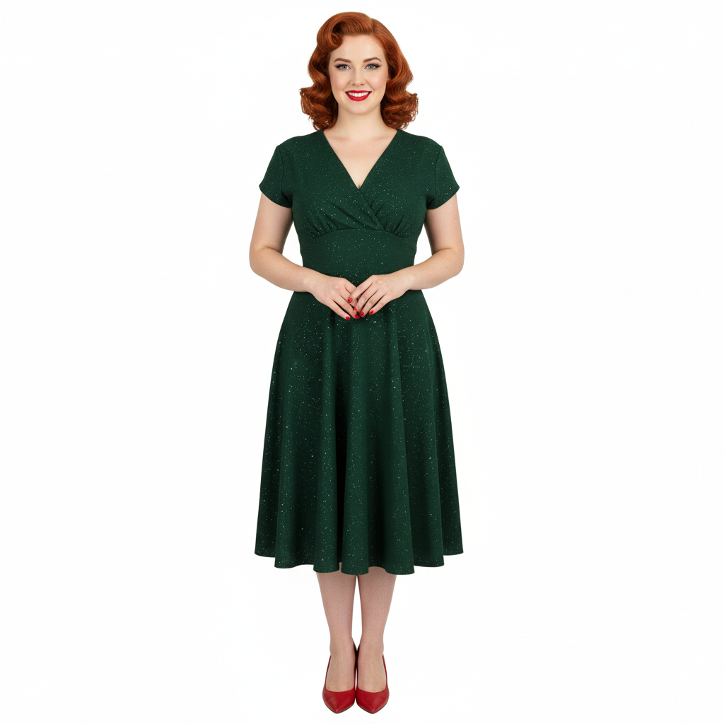 Forest Green Sparkly Glitter A Line Crossover Top Capped Sleeve Tea Swing Dress