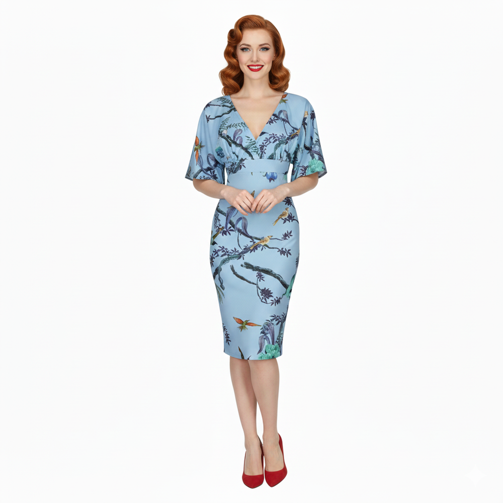 Blue Floral Bird Half Batwing Sleeve Crossover Top Pencil Dress - Pretty Kitty Fashion