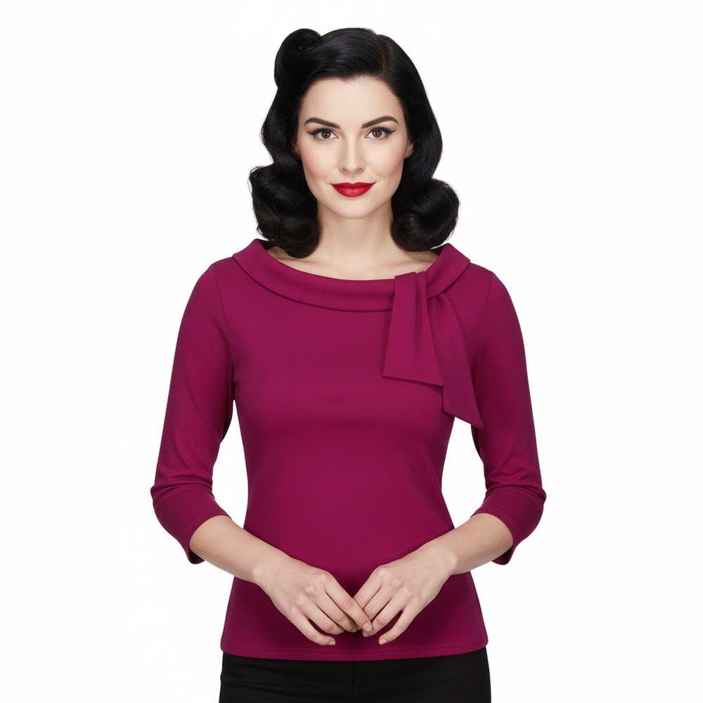 Vintage Amaranth Purple 3/4 Sleeve Tie Neck Top