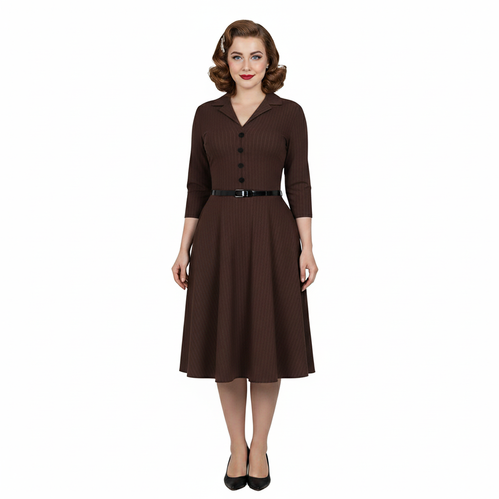 Chocolate Brown Pinstripe Office Work Belted Swing Dress