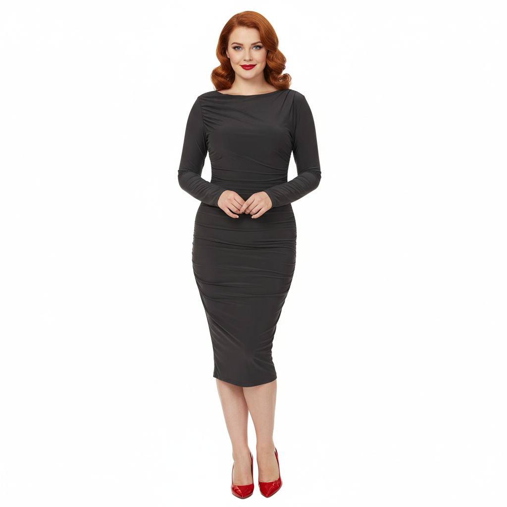 Black Pleated Long Sleeve Slinky Cocktail Wiggle Dress