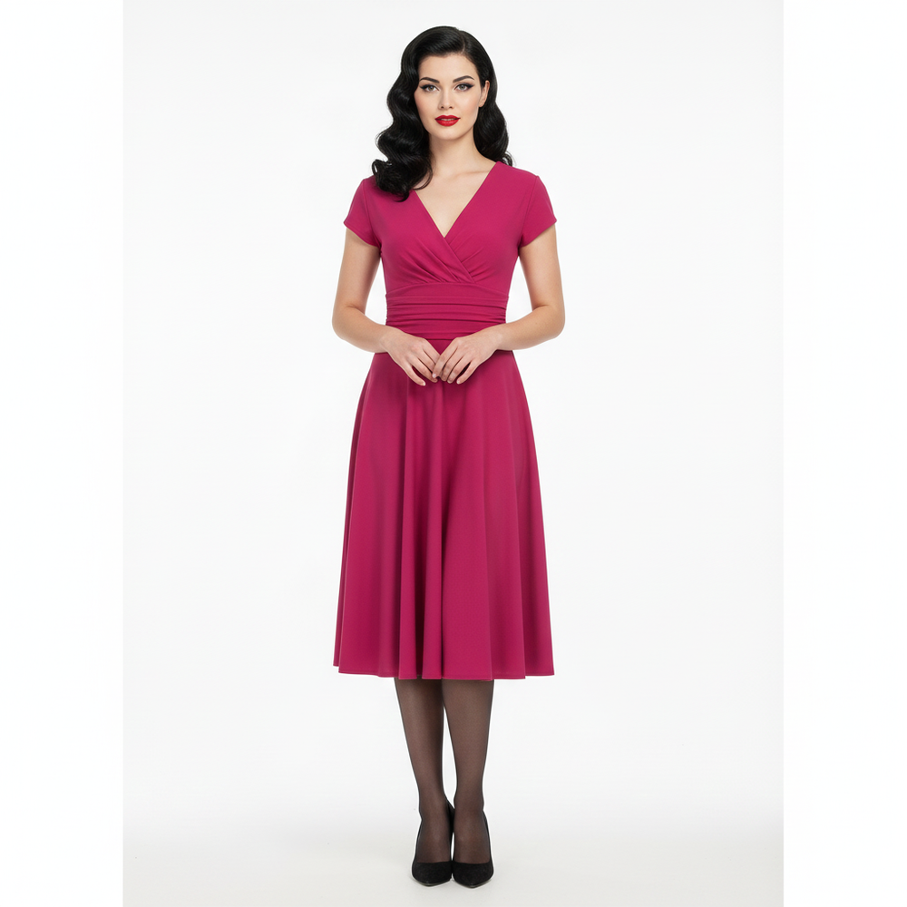 Amaranth Deep V Neck A Line Vintage Ruched Waist Capped Sleeve Swing Bridesmaid Midi Dress