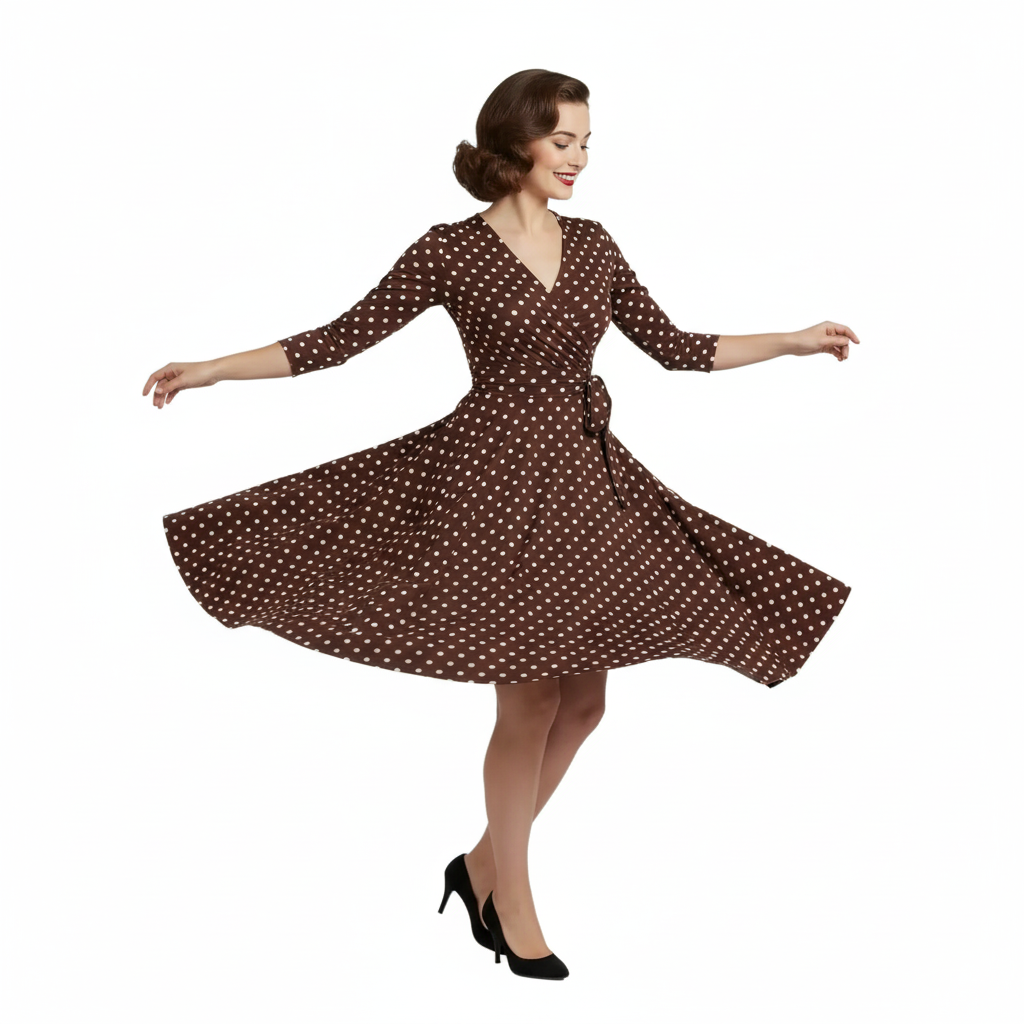 Chocolate Brown And White Polka Dot 3/4 Length Sleeve Fit And Flare Midi Dress