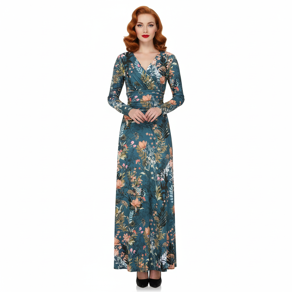 Teal Green Floral Long Sleeve Maxi Wrap Dress