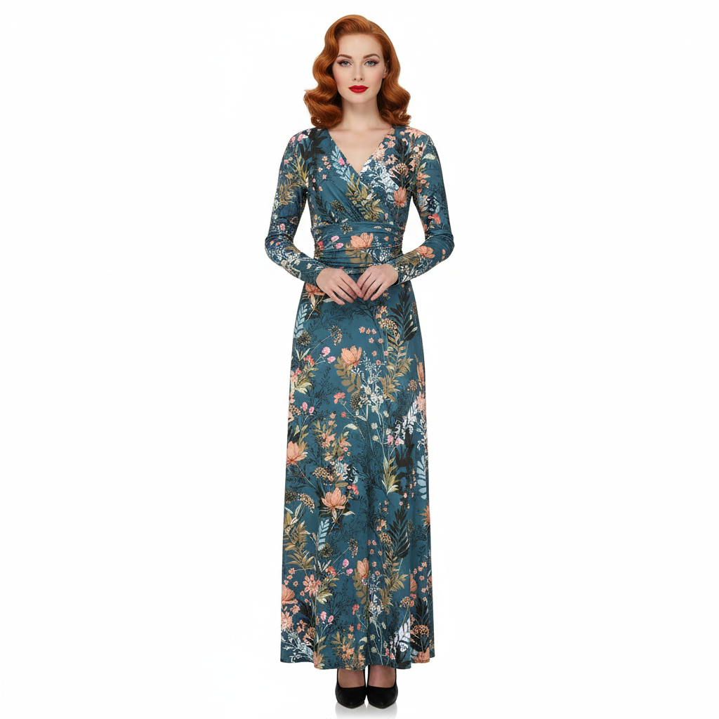 Teal Green Floral Long Sleeve Maxi Wrap Dress