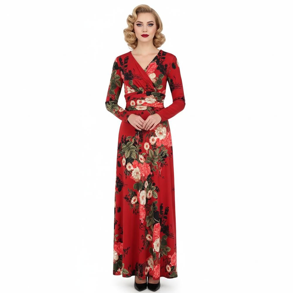 Wine Red Floral Long Sleeve Maxi Dress