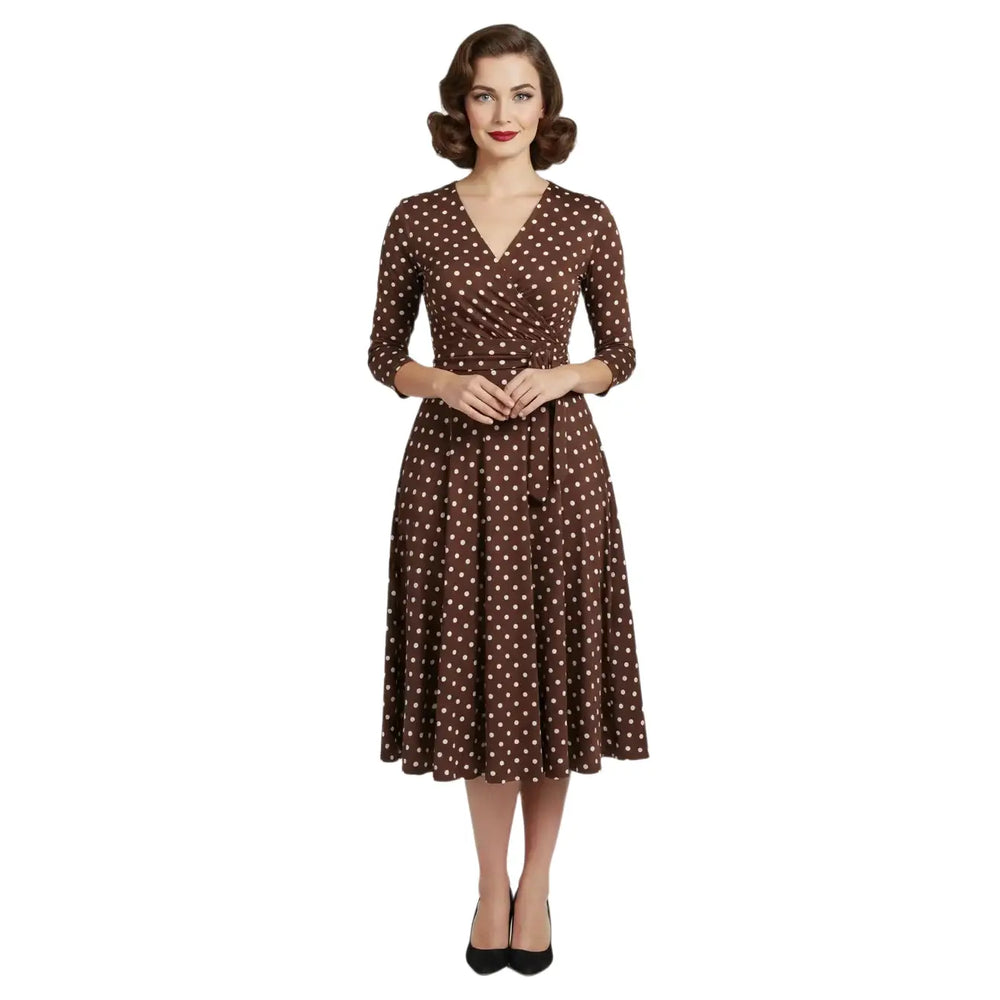 Chocolate Brown And White Polka Dot 3/4 Length Sleeve Fit And Flare Midi Dress