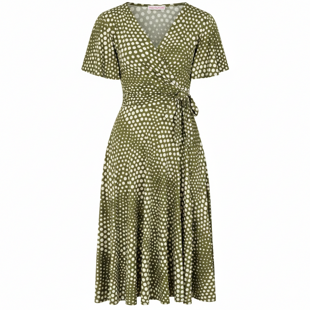 Green Off White Polka Dot Swirl Print Wrap Over Fit And Flare Swing Dress - Pretty Kitty Fashion