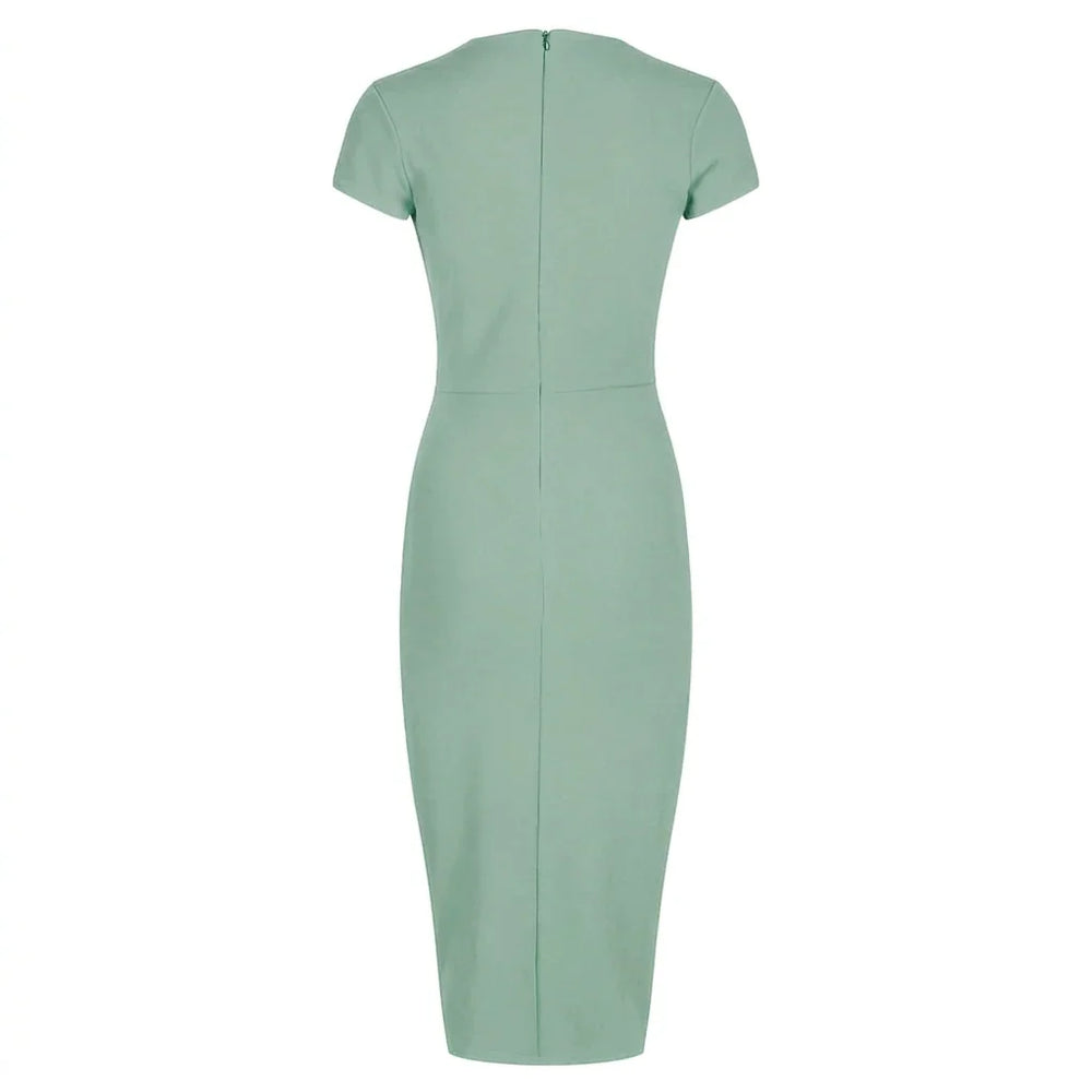 Sage Green Deep V Neck Cap Sleeve Ruched Waist Bodycon Wiggle Dress
