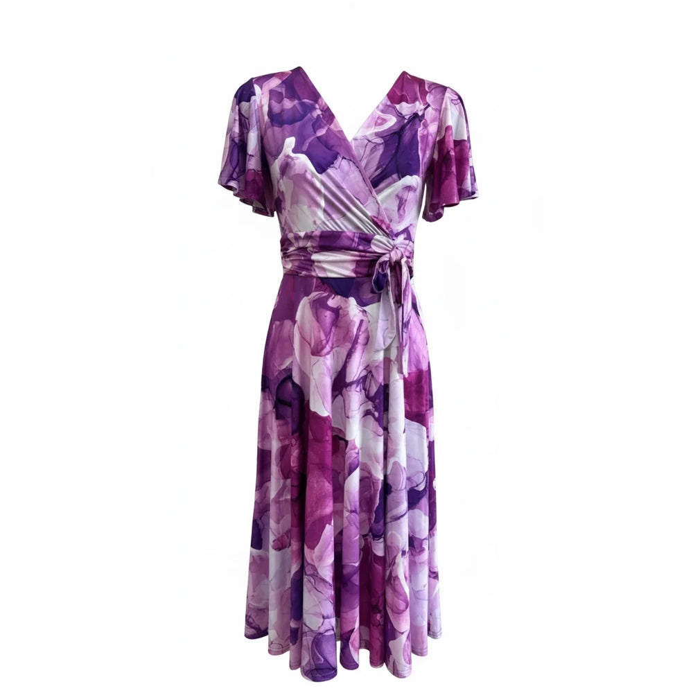 Purple And White Floral Print Wrap Over Fit And Flare Swing Dress - Pretty Kitty Fashion