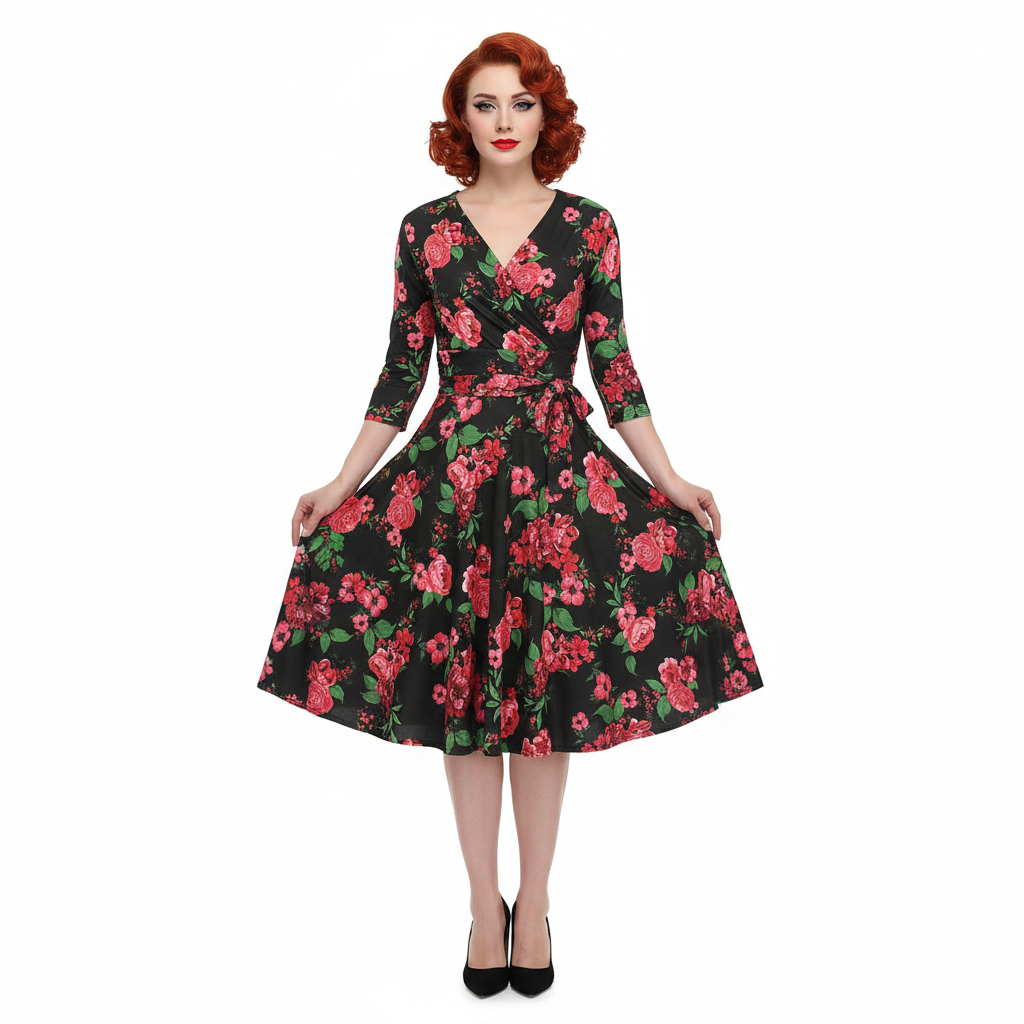 Black Red Pink Rose Floral Print 3/4 Sleeve Crossover Vintage Swing Dress