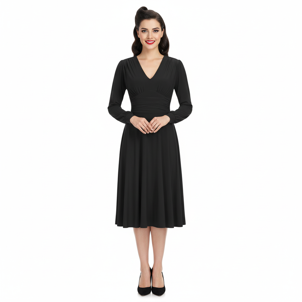 Slinky Black Long Sleeve Ruched Deep V Neck Dress