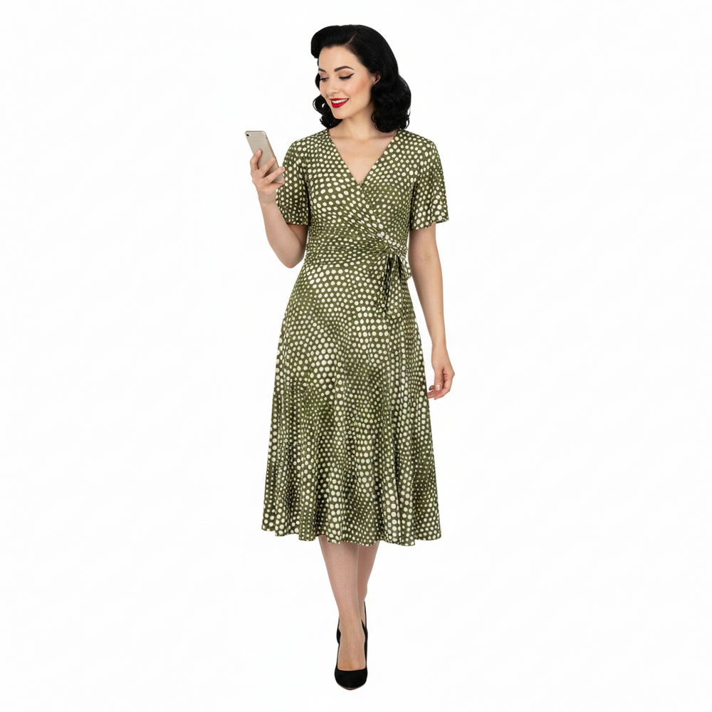 Green Off White Polka Dot Swirl Print Wrap Over Fit And Flare Swing Dress - Pretty Kitty Fashion