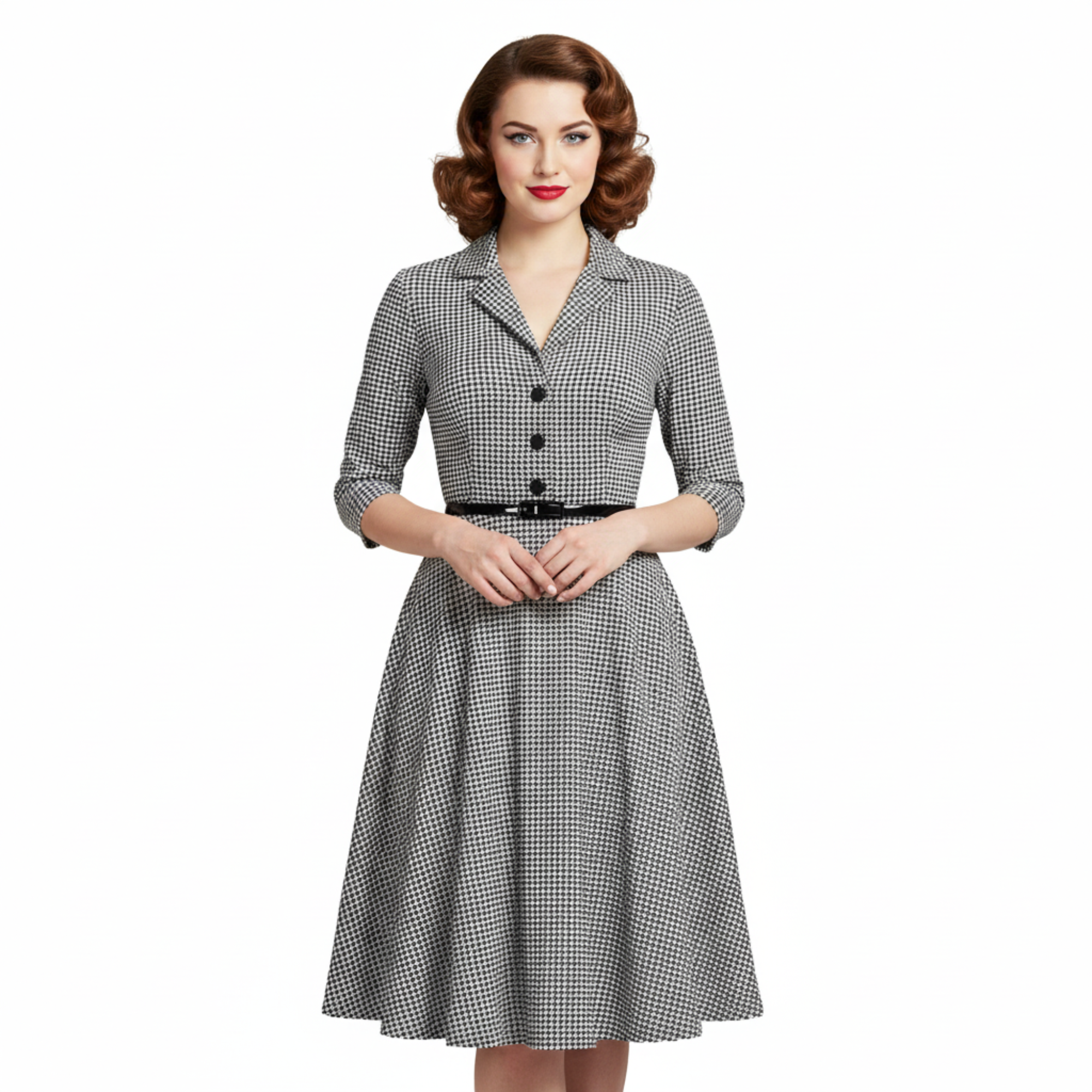 Black and White Houndstooth Checked Office Work Belted Swing Dress