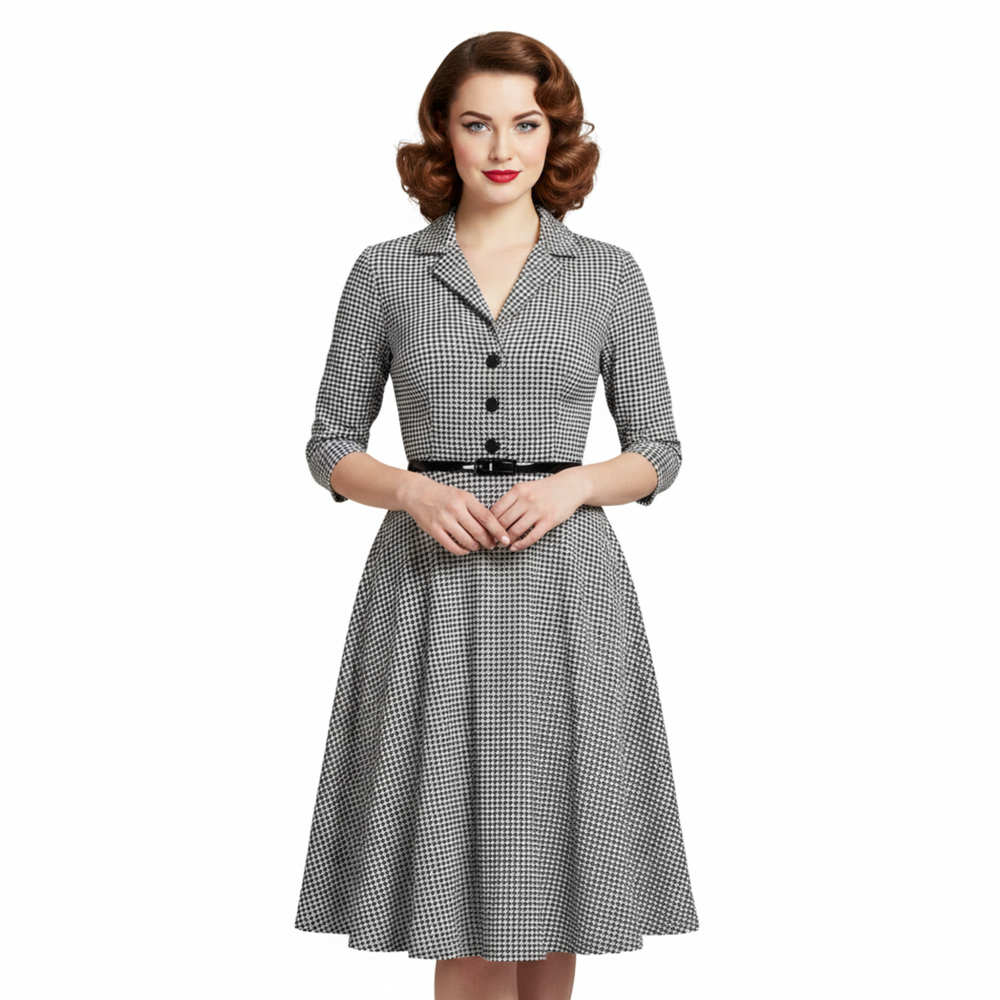 Black and White Houndstooth Checked Office Work Belted Swing Dress