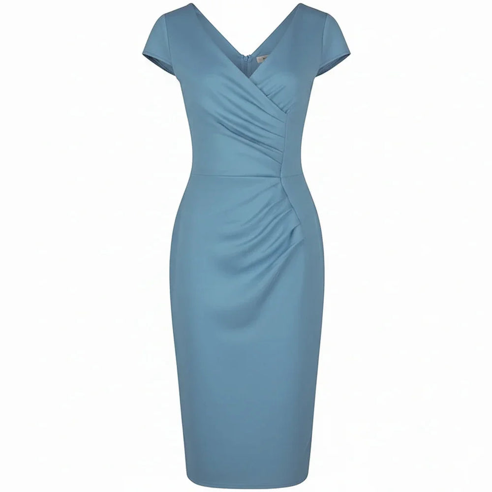 Summer Blue Cap Sleeve Crossover Top Bodycon Wiggle Pencil Dress - Pretty Kitty Fashion
