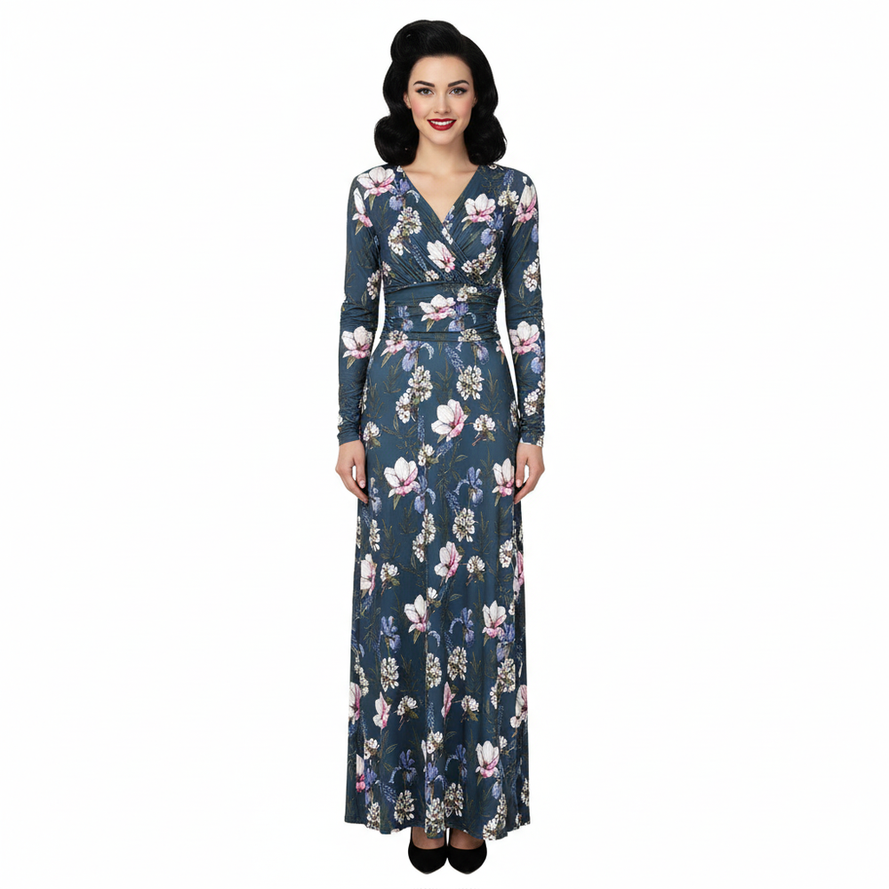 Navy Floral Long Sleeve Maxi Dress