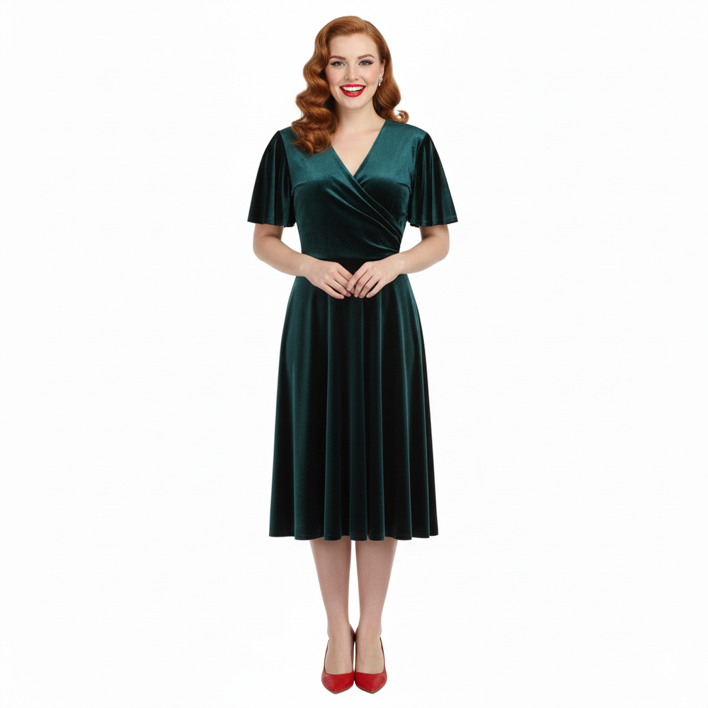 Emerald Green Velour Waterfall Sleeve Crossover Wrap Effect Swing Dress