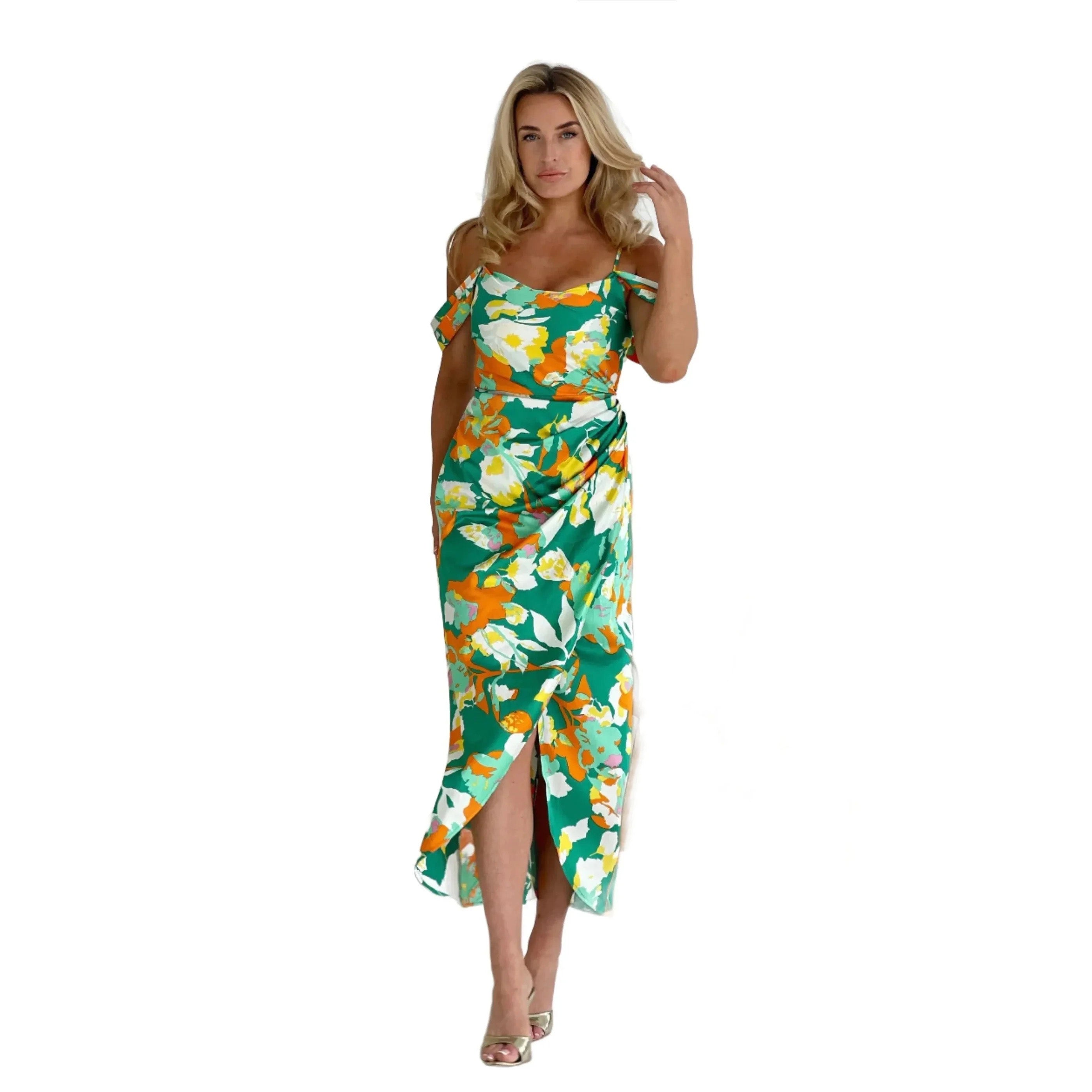 Green, Orange & White Tropical Floral Print Off Shoulder Dress