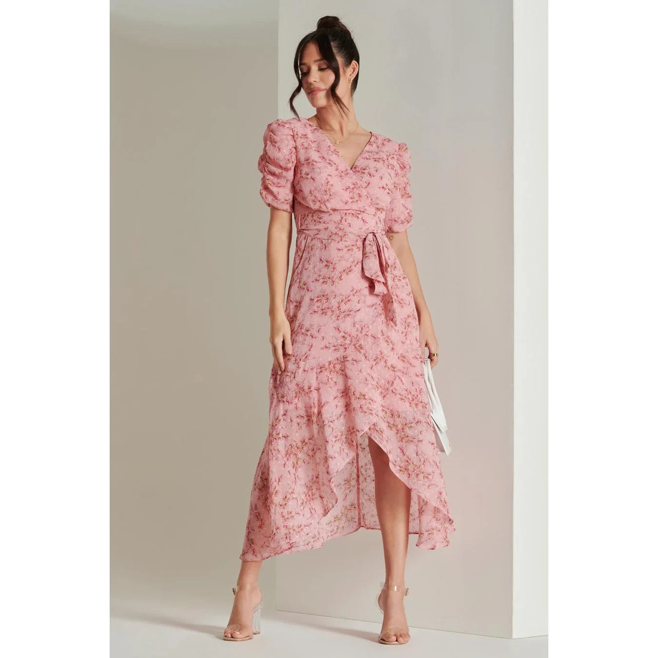 Jolie Moi Pink Textured Chiffon Waterfall Wrap Dress