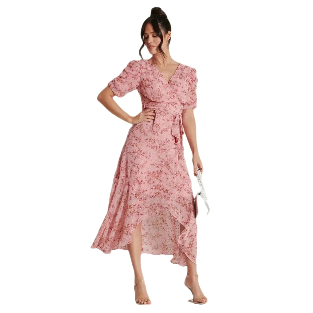 Jolie Moi Pink Textured Chiffon Waterfall Wrap Dress