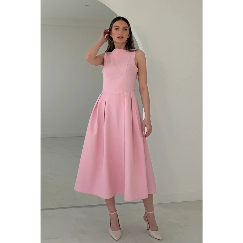 Pink Sleeveless Midi Dress with Pockets – Vintage Inspired Fit & Flare Occasion Dress
