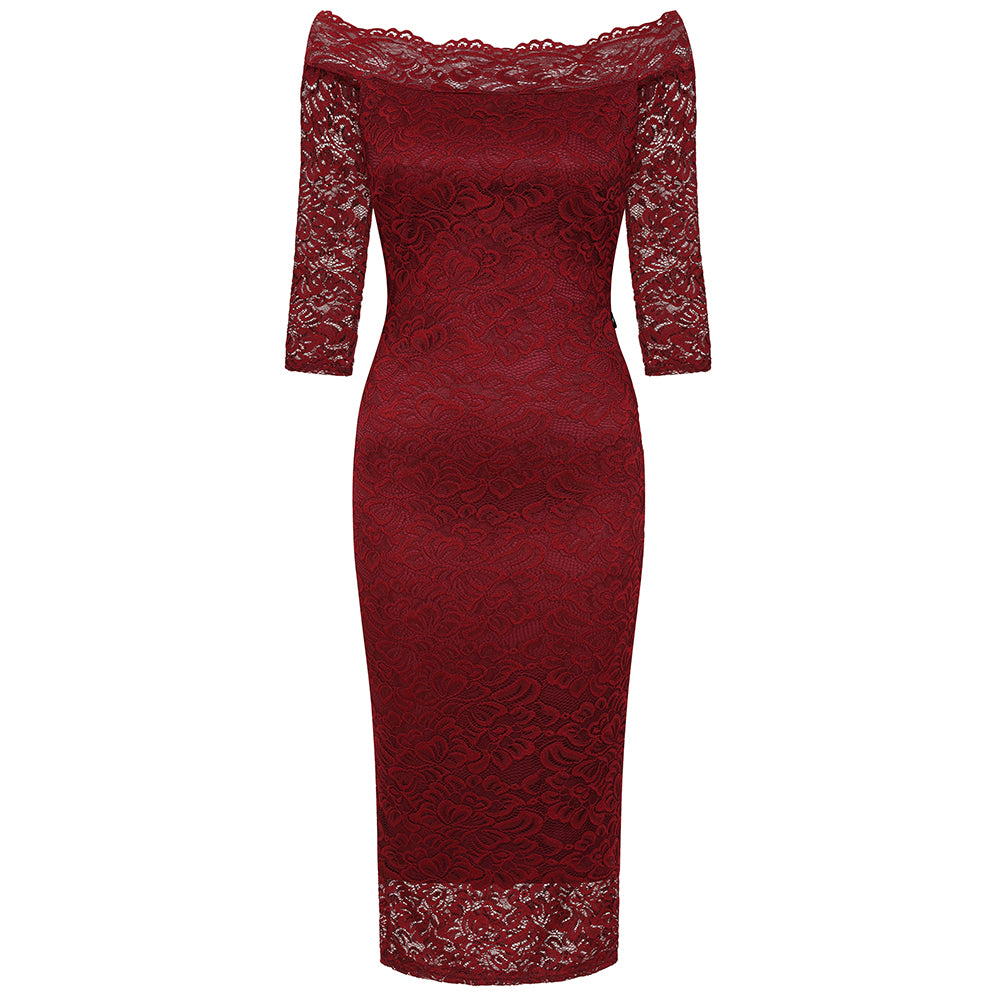 Burgundy Wine Lace 3/4 Sleeve Vintage Bardot Bodycon Wiggle Dress