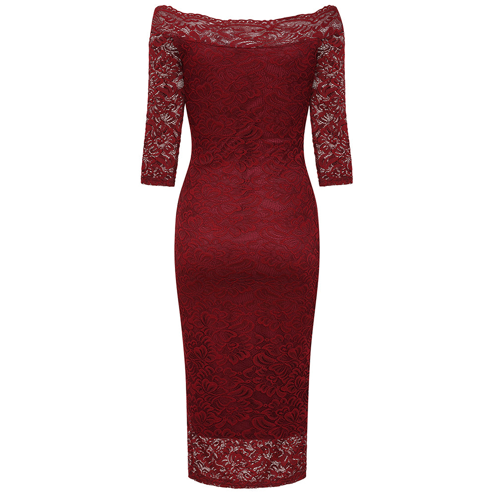 Burgundy Wine Lace 3/4 Sleeve Vintage Bardot Bodycon Wiggle Dress