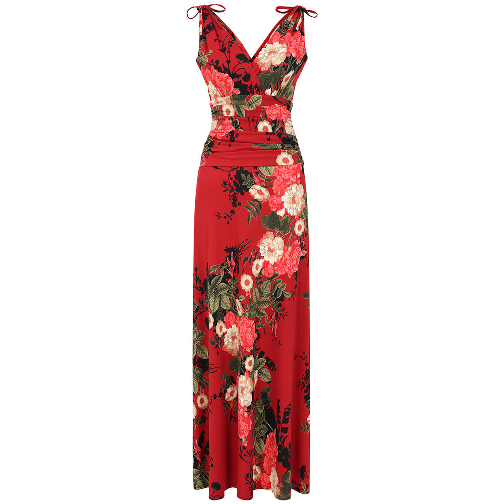 Wine Red Floral Print Slinky Summer Maxi Dress