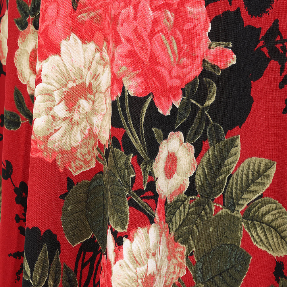 Wine Red Floral Print Slinky Summer Maxi Dress