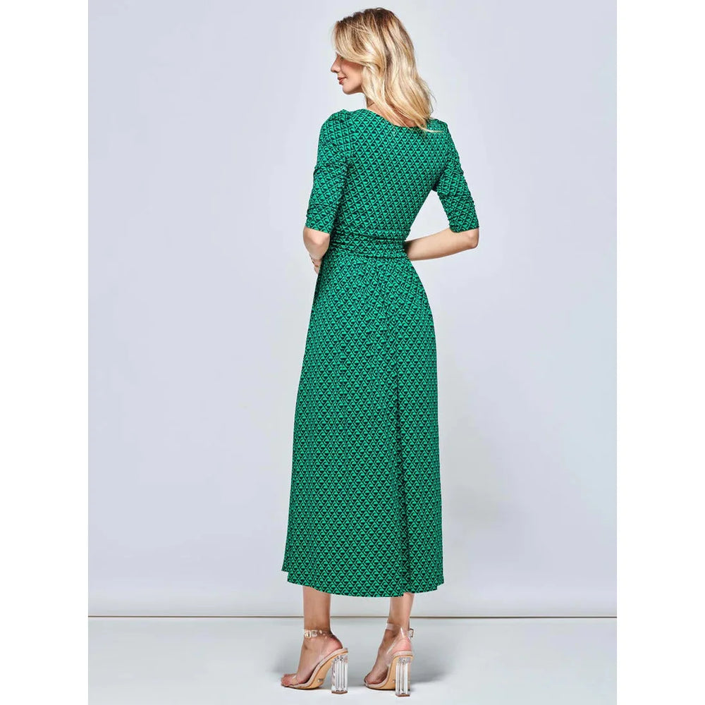 Jolie Moi Vintage Round Neck Jersey Green Multi Geometric Print Maxi Dress
