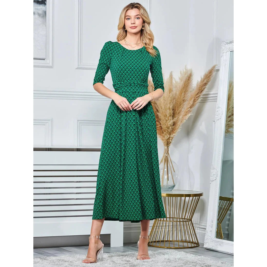 Jolie Moi Vintage Round Neck Jersey Green Multi Geometric Print Maxi Dress