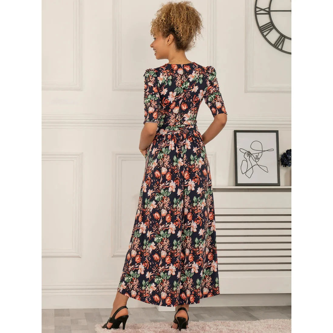 Jolie Moi Vintage Ruched Sleeve Jersey Navy Floral Print Dress