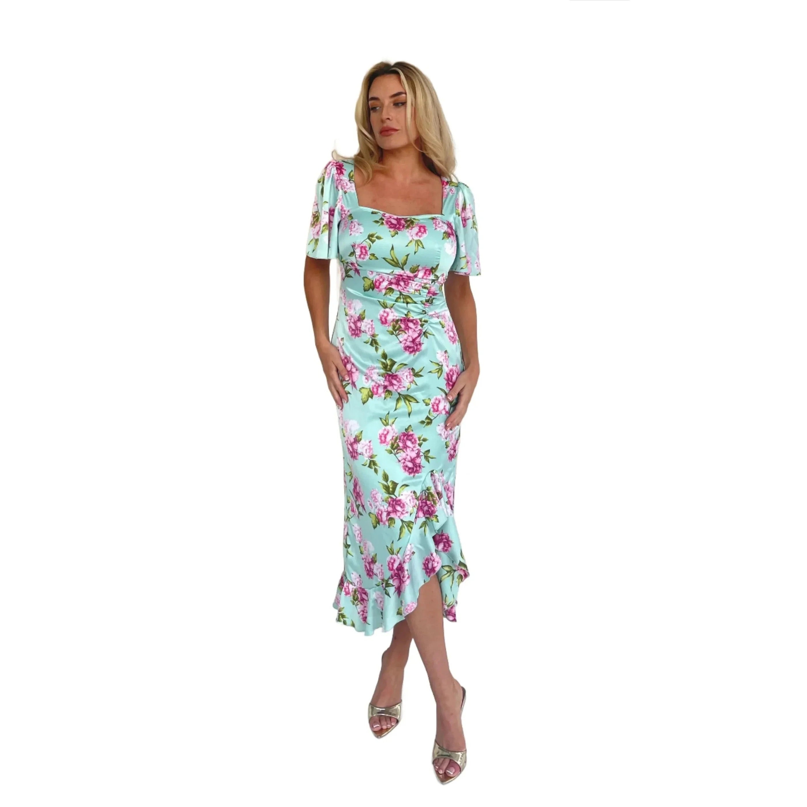 Mint Green Pink Floral Satin Ruched Midi Dress With Sweetheart Neckl Pretty Kitty Fashion