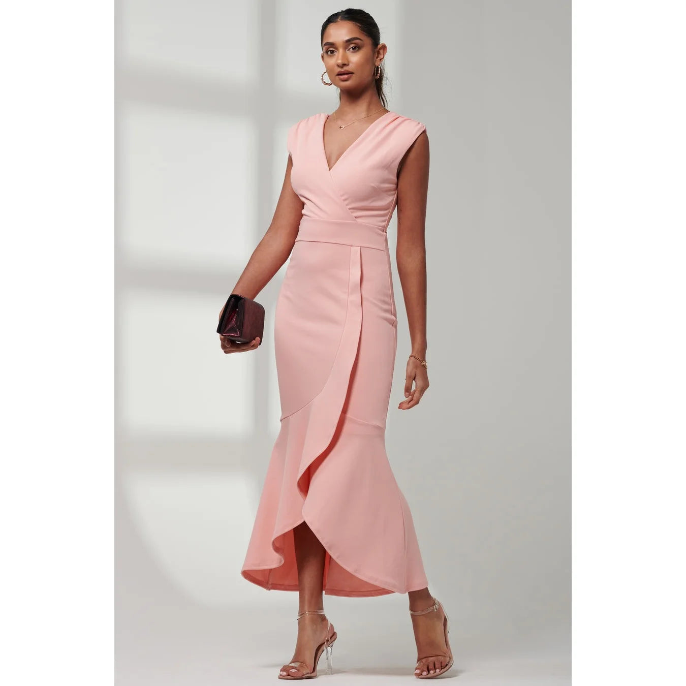 Jolie Moi Elegant Coral Pink Sleeveless Dress with V-Neck Wrap Top & Asymmetrical Frill Hemline
