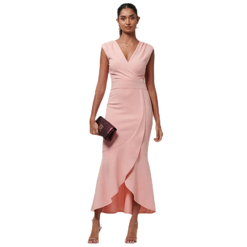 Elegant Coral Pink Sleeveless Dress with V-Neck Wrap Top & Asymmetrical Frill Hemline