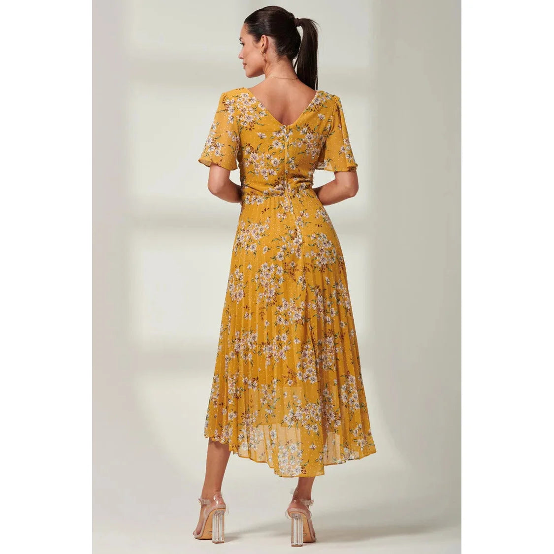 Jolie Moi Mustard Yellow Floral Print Pleated Dress With Angel Sleeves