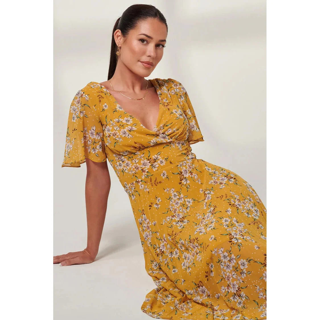 Jolie Moi Mustard Yellow Floral Print Pleated Dress With Angel Sleeves
