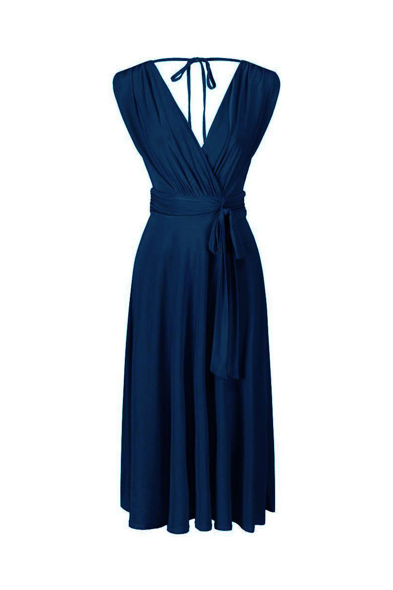 Navy Blue Crossover Top V Neck Tie Waist Cocktail Dress - Pretty Kitty Fashion