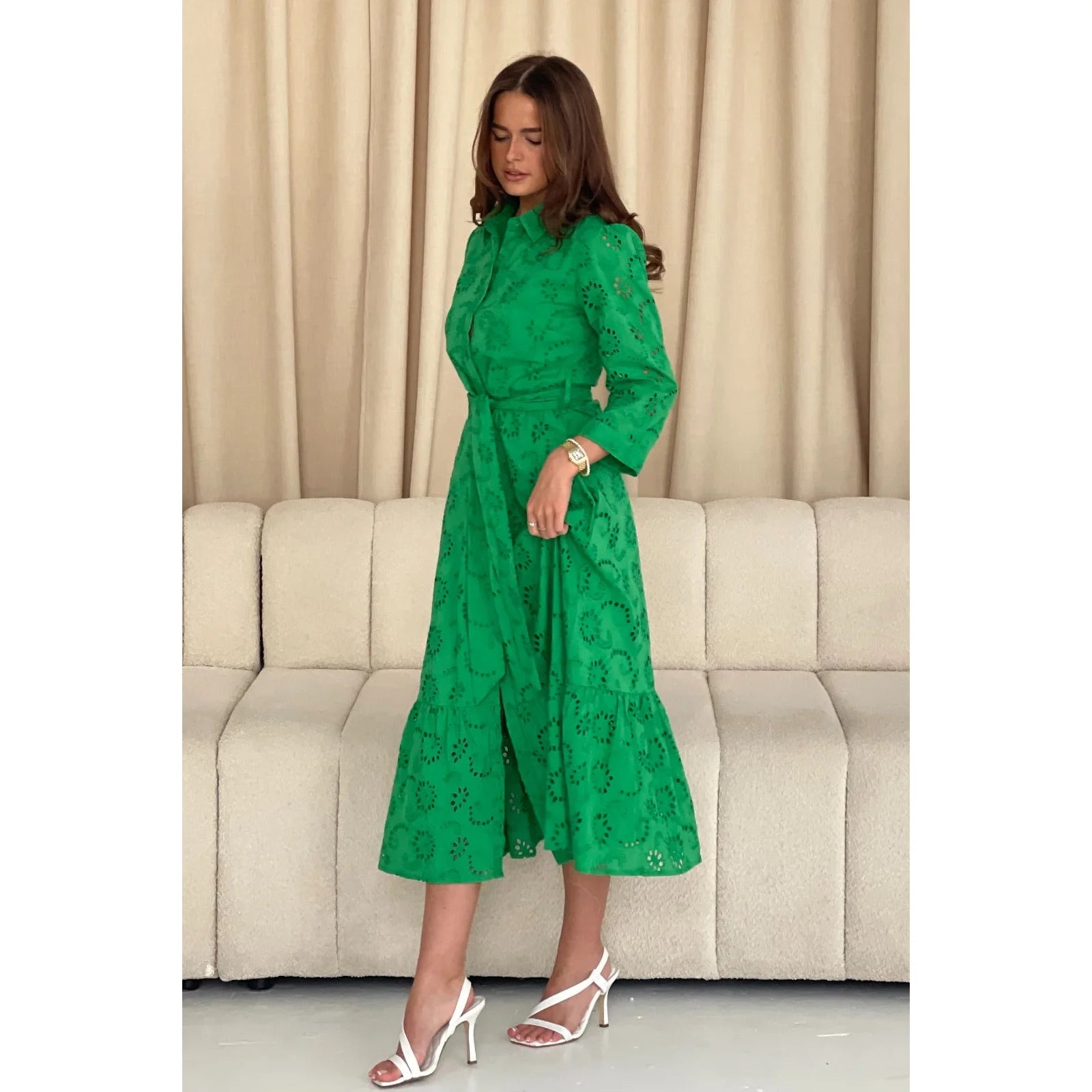 Green Broderie Anglaise Long Shirt Dress with Pockets