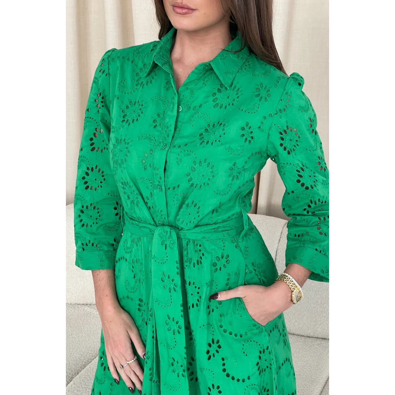 Green Broderie Anglaise Long Shirt Dress with Pockets
