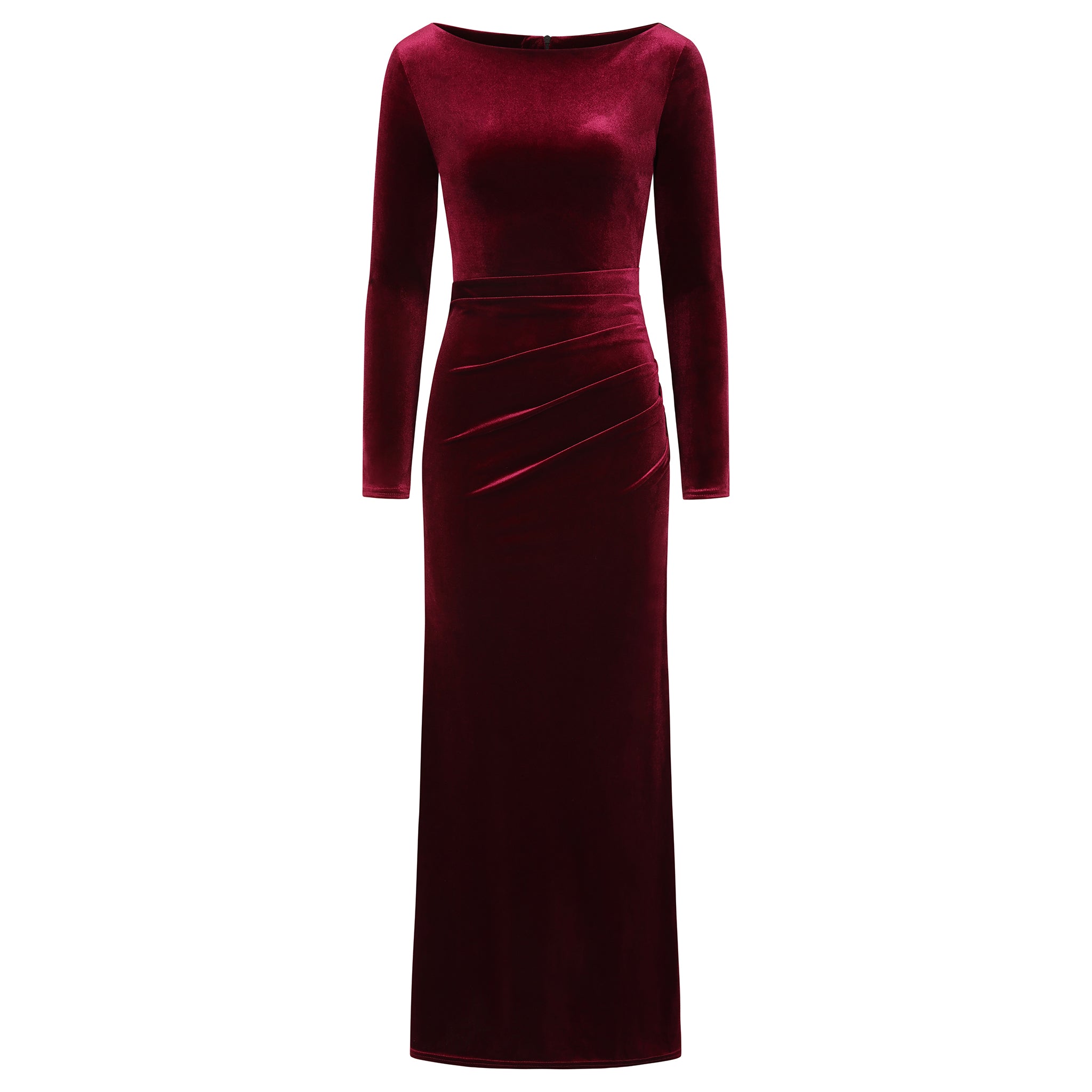 Claret Wine Red Long Sleeve Boatneck Bodycon Velour Maxi Dress  Pretty  Kitty Fashion