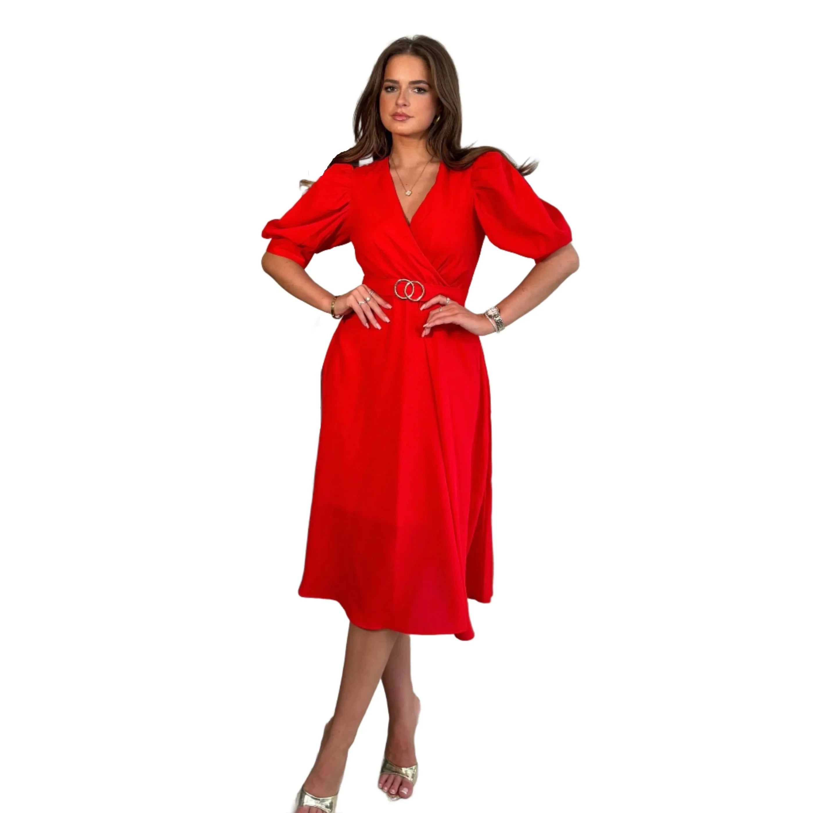 Red Wrap Top Midi Dress With Gold Accent Buckle and Puff Sleeves Pretty Kitty Fashion Red Wrap Top Midi Dress With Gold Accent Buckle and Puff Sleeves Pretty Kitty Fashion