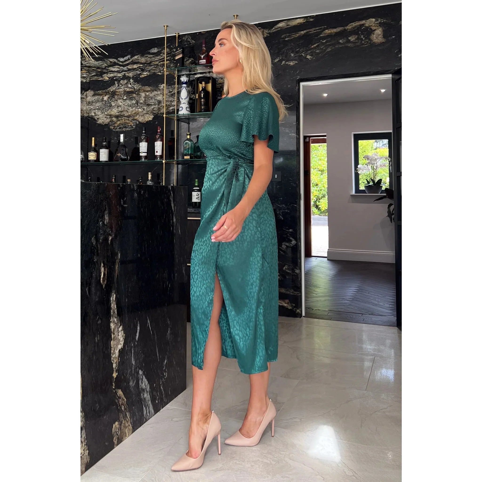 Emerald Green Leopard Print Satin Angel Sleeve Wrap Skirt Midi Dress