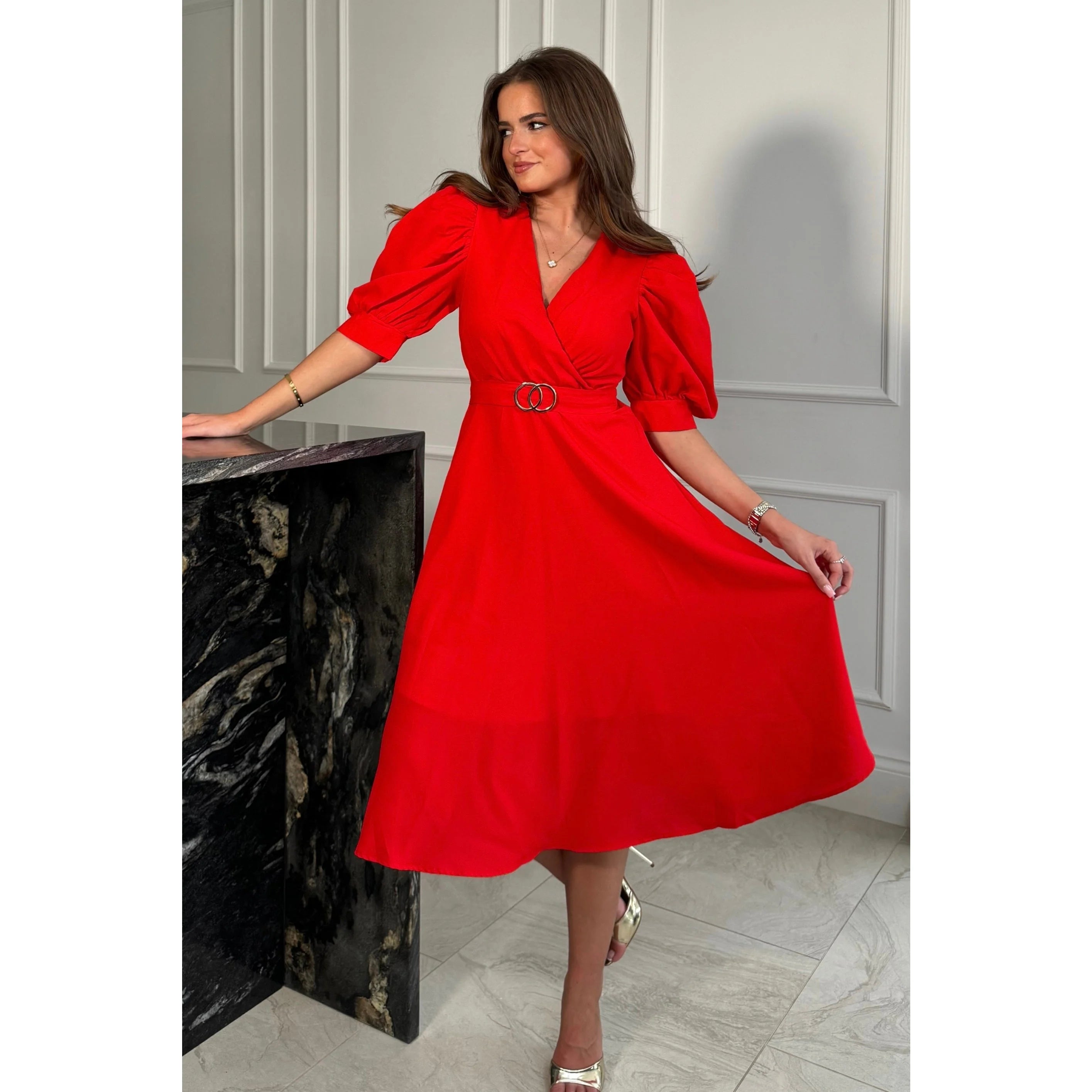 Red Wrap Top Midi Dress With Gold Accent Buckle and Puff Sleeves