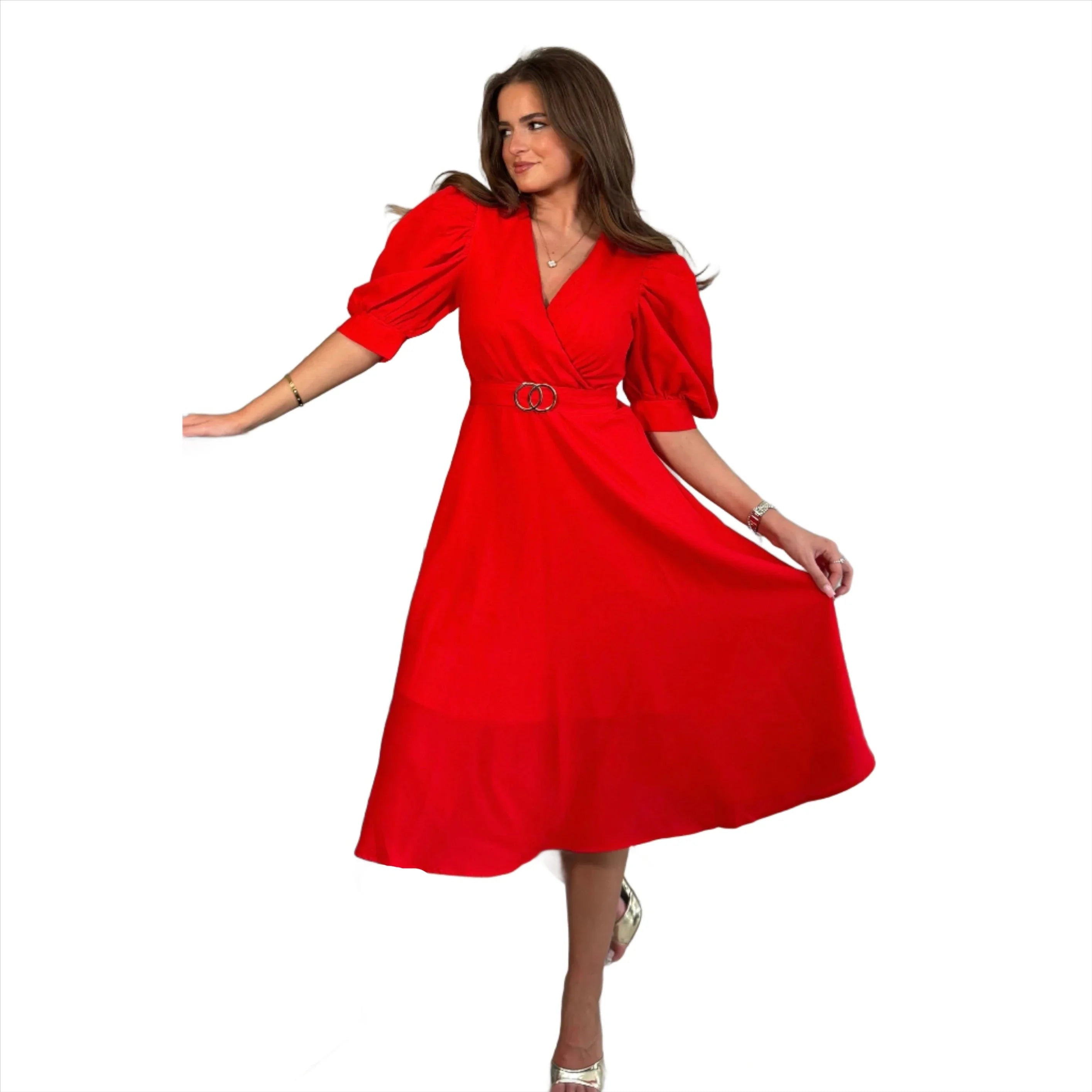 Red Wrap Top Midi Dress With Gold Accent Buckle and Puff Sleeves