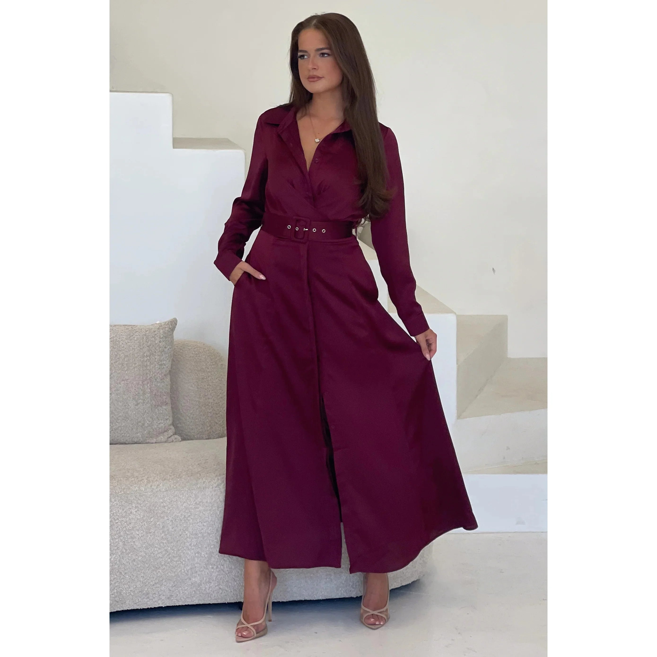 Burgundy Wine Red Long Sleeve Maxi Shirt Dress Pretty Kitty Fashion