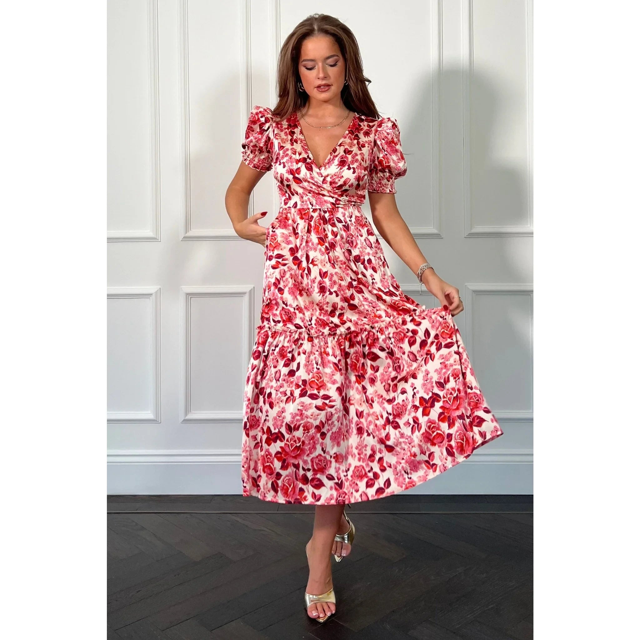 Pretty Pink Floral Tiered Wrap Midi Dress With Pockets